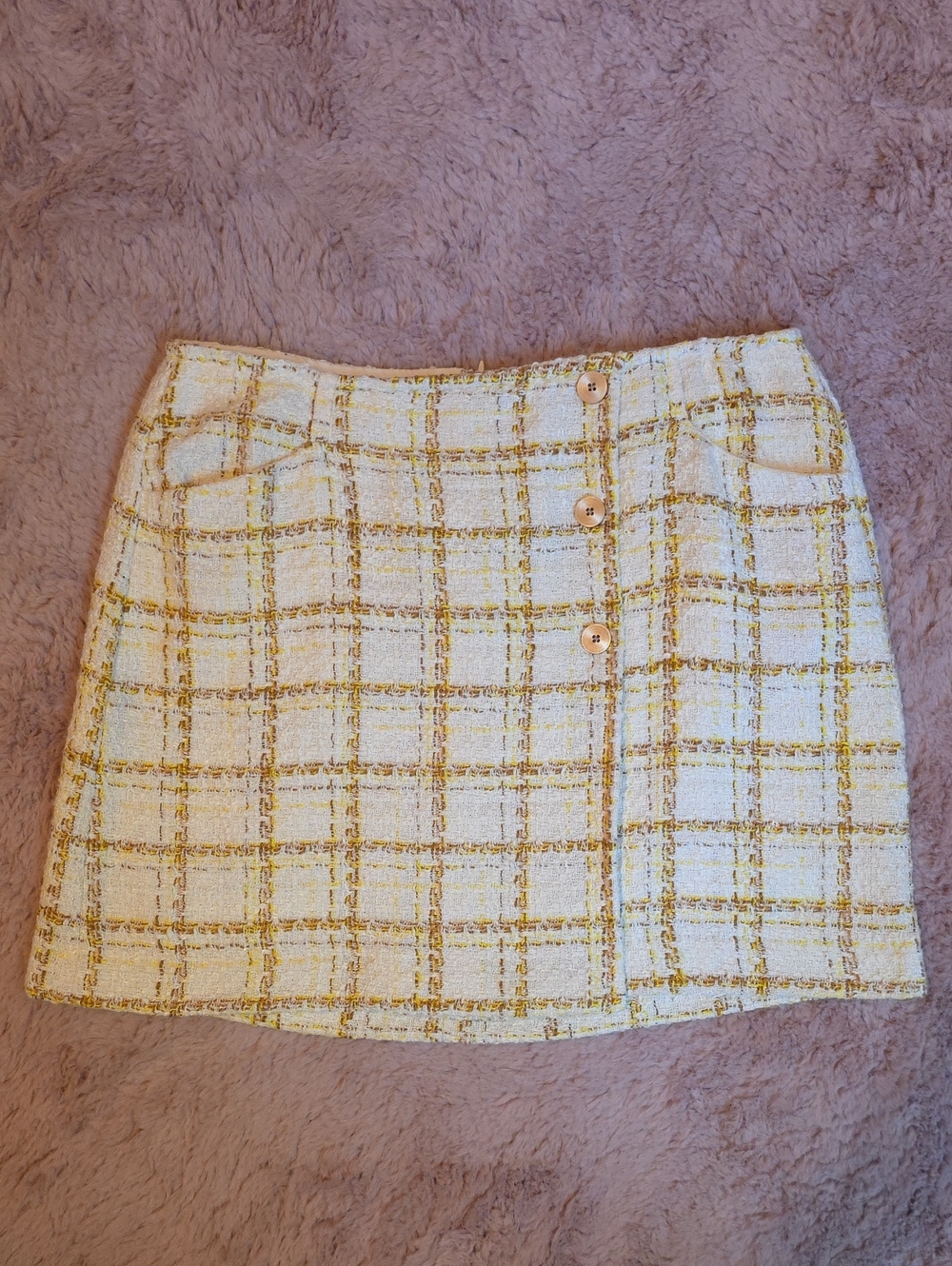 CAbi Cream and Yellow Plaid Tweed Mini Skirt